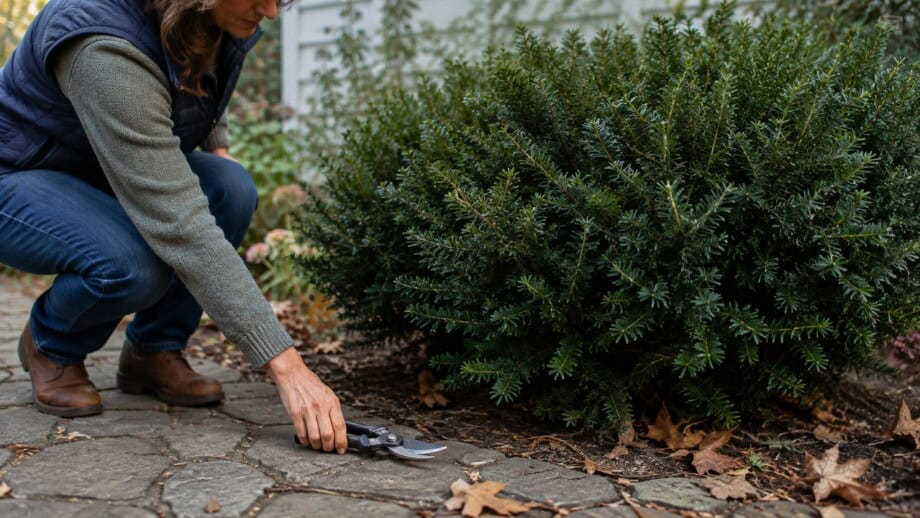 Gardener setting pruning shears down beside a healthy yew shrub in autumn.