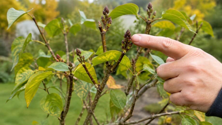 Hand pointing to formed buds on a lilac branch in autumn.