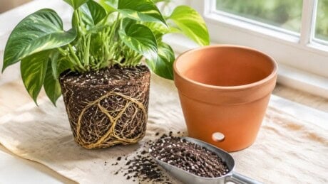 Healthy pothos root ball beside a terracotta pot and fresh potting mix on a work surface.