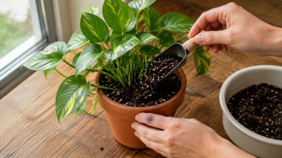 Fresh potting mix is added to the top of a stable houseplant pot without disturbing the plant.