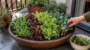 Gardener harvesting young salad greens and radishes from a wide patio container.