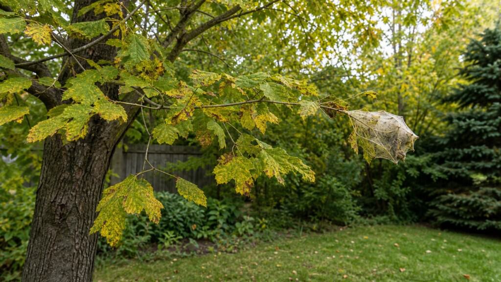 Young fall webworm caterpillars inside a small web enclosing leaves at the tip of a deciduous shrub branch.