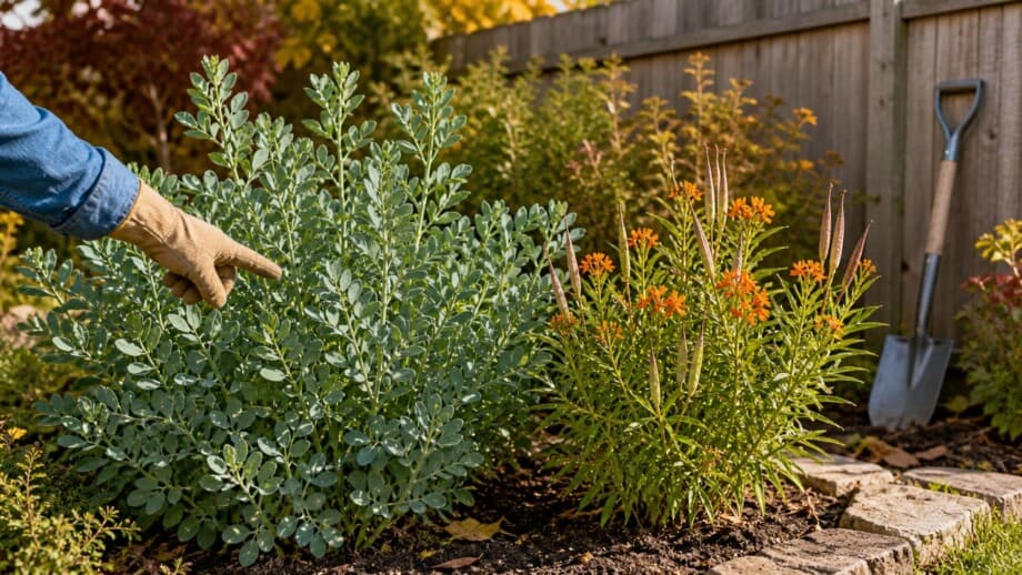 Gardener points to intact false indigo and butterfly weed with mature seed pods in a sunny border.