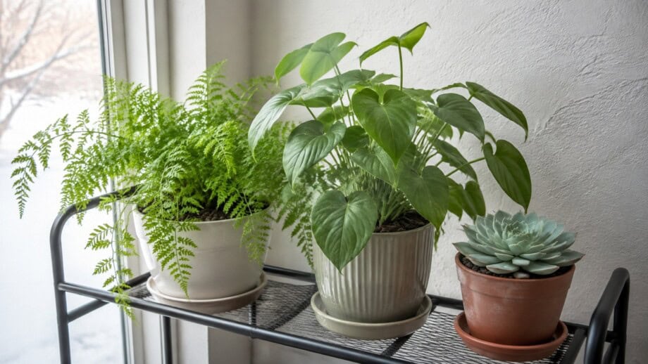 A fern, broad leaf tropical plant, and echeveria succulent in separate pots beside a winter window.