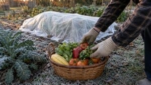 Basket of tender vegetables being harvested beside a secured frost-covered bed and hardy kale.