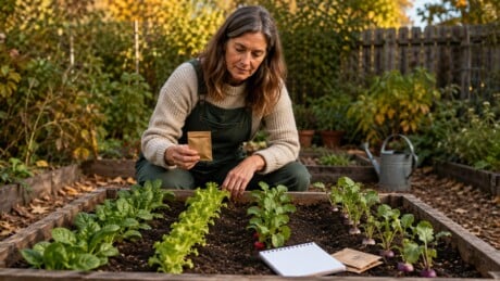Gardener planning a late-season sowing beside a bed of young cool-season vegetables.