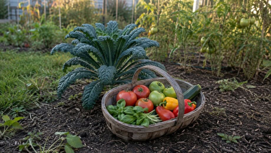 Tender vegetables gathered before frost with kale and cabbage left growing in the garden.
