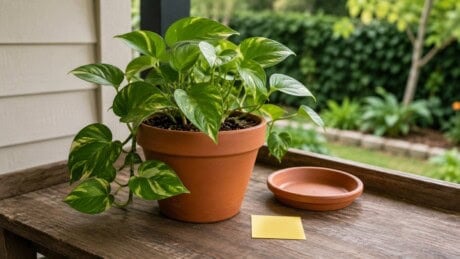 Healthy potted houseplant on an outdoor potting bench with a clean saucer and yellow monitoring card.