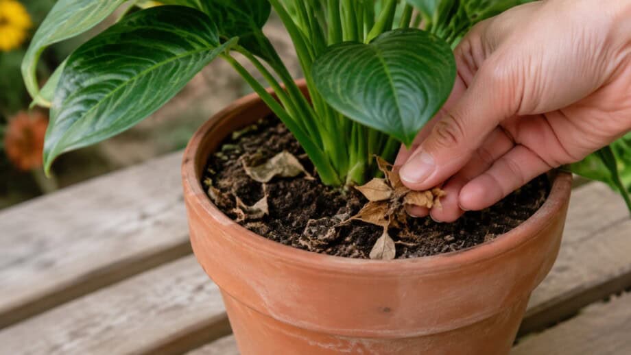 Gardener removes fallen leaves from the surface of a houseplant pot without disturbing the plant.