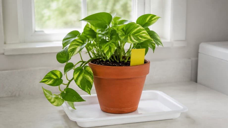 Yellow sticky card in an isolated houseplant pot on a tray near a window.