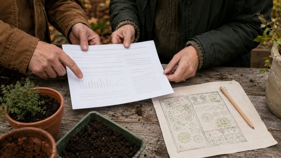 Gardeners review a generic soil report beside a hand-drawn map of garden beds.