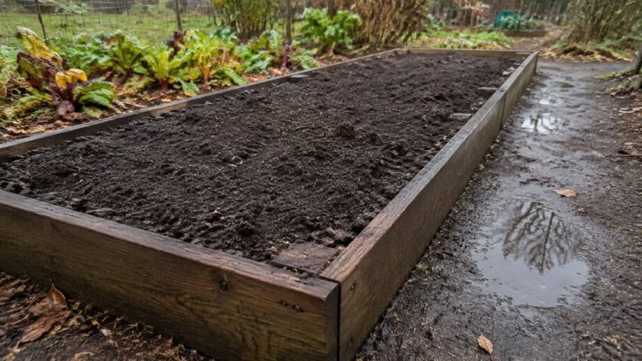 A slightly raised garden bed with drained soil beside a shallow puddle in a lower garden path after rain.