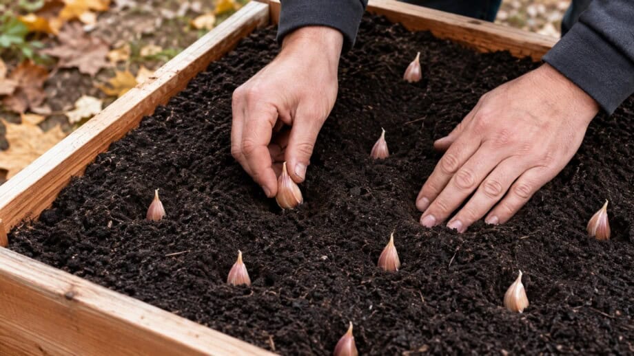 Hands placing garlic cloves pointed side up in a raised-bed planting grid.