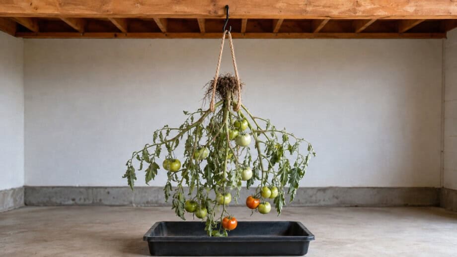 Uprooted tomato plant hanging upside down from a secure garage beam with green and blushing fruit still attached.