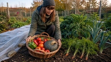 Gardener with a basket of tender vegetables beside hardy fall crops and row cover.