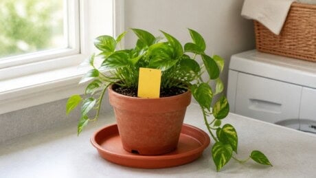 Potted houseplant in a bright laundry-room quarantine area with a yellow sticky card and tray.
