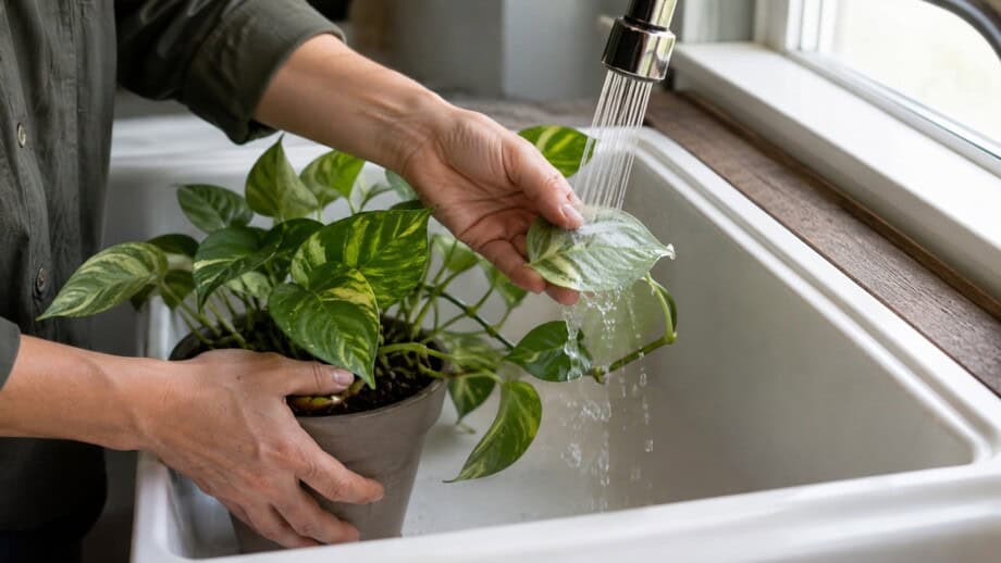 Houseplant leaves are gently rinsed in a utility sink during pest monitoring.