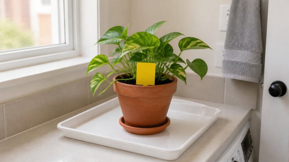 Yellow sticky card in an isolated houseplant pot near a bright window.