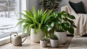 Fern, monstera, and small succulents in pots beside a bright winter window with snow outside.