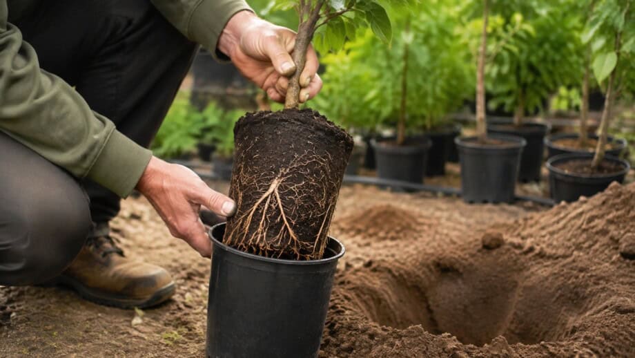 Hands inspect firm tan roots on a young container grown tree before planting.