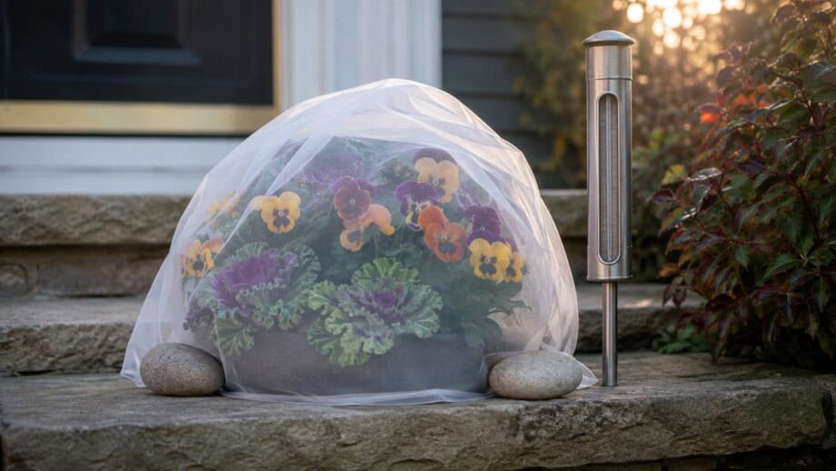 Breathable white frost cloth loosely covering a small container of kale and pansies on a front step.
