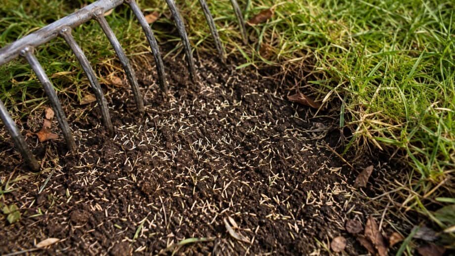 A small overseeded lawn patch lightly covered with clean straw beside established turf.