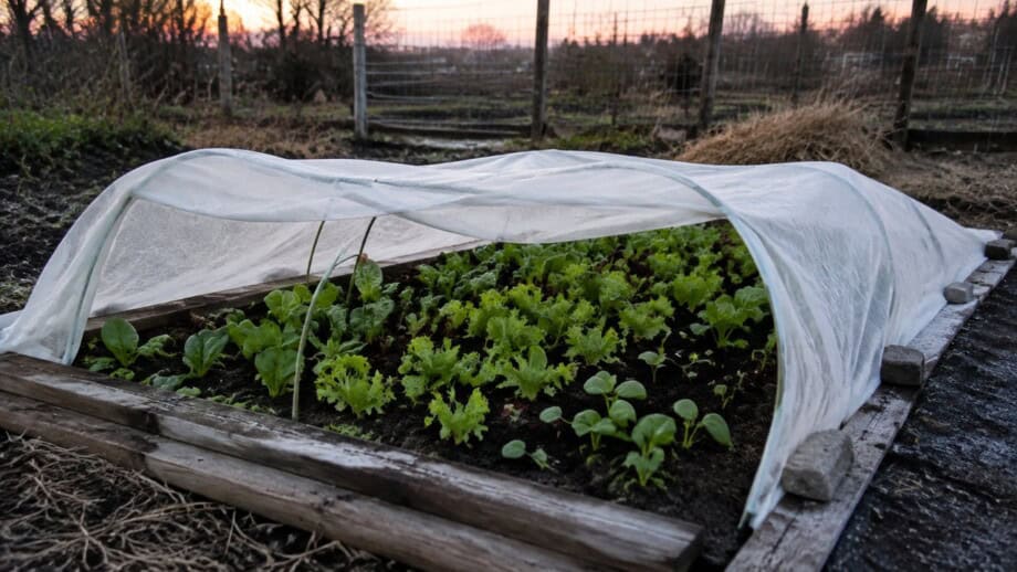 Breathable row cover on low hoops over a raised bed of young fall greens.