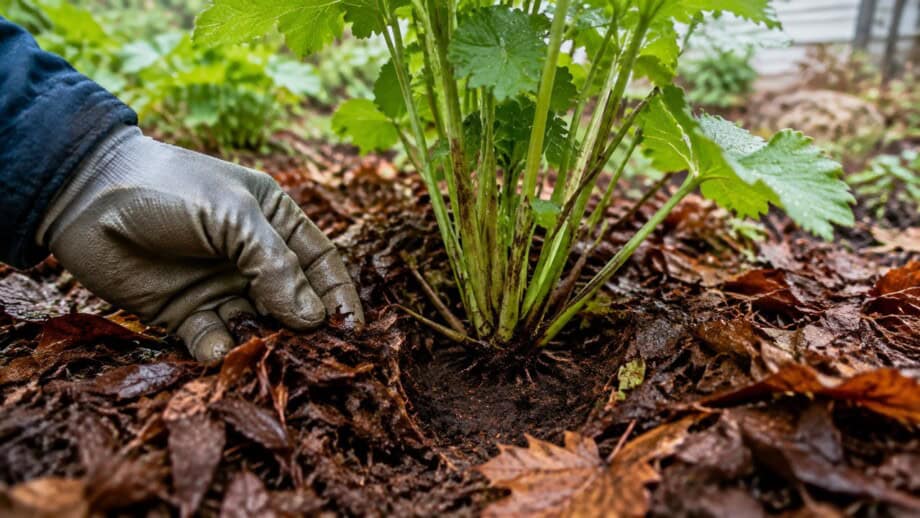 Gloved hand checking a clear gap between damp leaf mulch and perennial stems in a rainy-season garden.