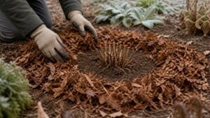 Gloved hands spread shredded leaves around a dormant perennial while leaving its crown clear.