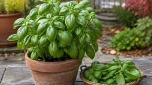 A lush basil plant in a terracotta pot beside a basket of freshly cut basil stems on a patio.