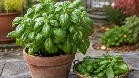 A lush basil plant in a terracotta pot beside a basket of freshly cut basil stems on a patio.