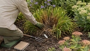 Gardener assesses a crowded daylily clump in a fall perennial border with a garden fork nearby.
