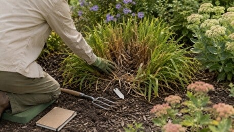 Gardener assesses a crowded daylily clump in a fall perennial border with a garden fork nearby.