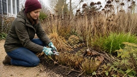 Gardener trims a tidy front edge while leaving seedheads standing in the back of an autumn perennial bed.