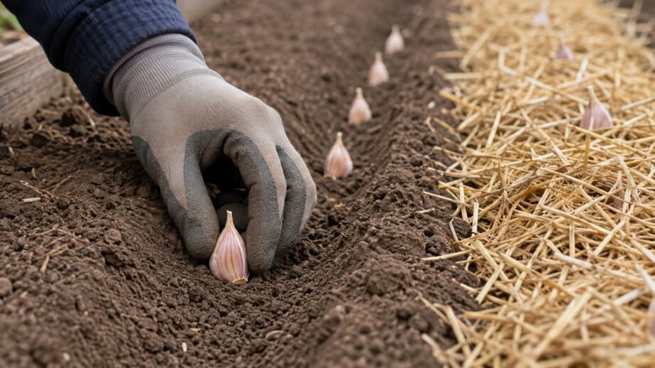 Gloved hands set a garlic clove root end down in a prepared furrow beside a lightly mulched row.