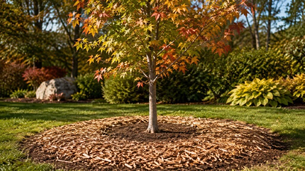 Young deciduous tree correctly planted in autumn soil with visible root flare and a mulch ring away from the trunk.