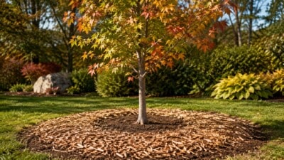 Young deciduous tree correctly planted in autumn soil with visible root flare and a mulch ring away from the trunk.
