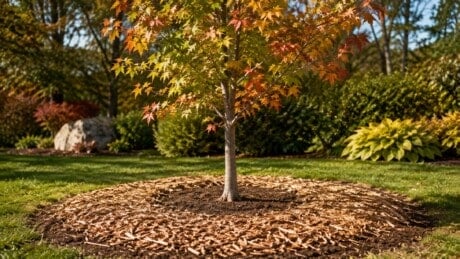 Young deciduous tree correctly planted in autumn soil with visible root flare and a mulch ring away from the trunk.