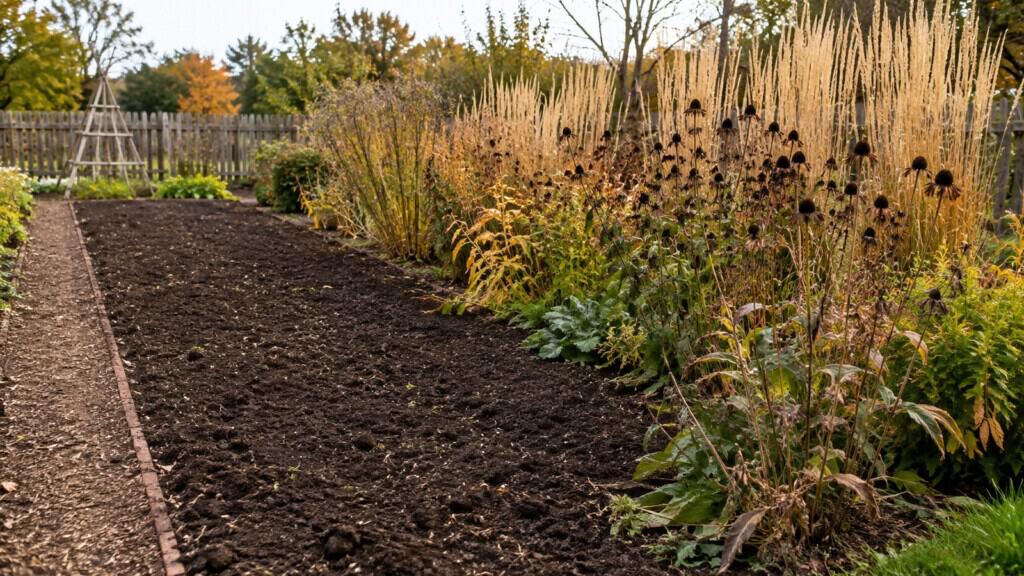 Tidy vegetable bed beside a perennial border with standing seedheads in autumn.