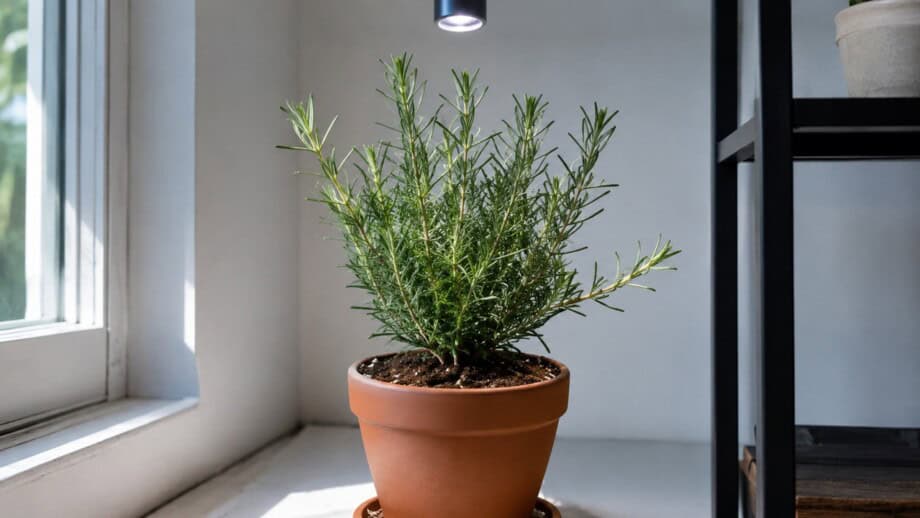 Compact rosemary in a terracotta pot beside a bright window and under a small supplemental grow light.