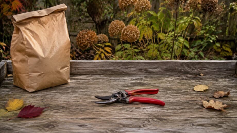 Clean pruning shears beside a closed garden waste bag on a potting bench.