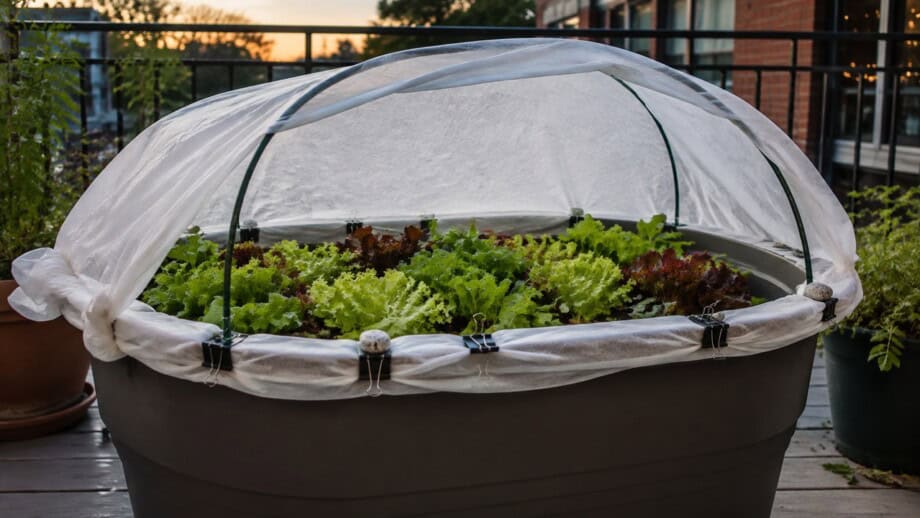 Breathable frost fabric on hoops over a wide container of salad greens.