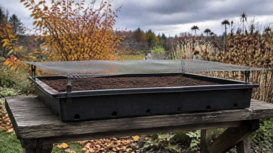 Elevated seed tray with drainage holes and a fine mesh screen above it in an autumn garden.