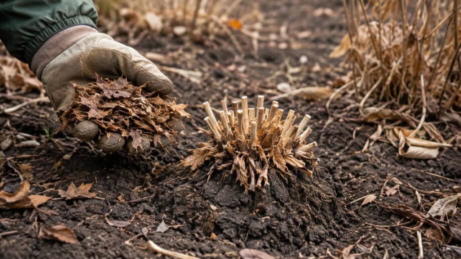 Slightly lifted dormant perennial crown in freeze-thaw soil with loose leaf mulch ready nearby.