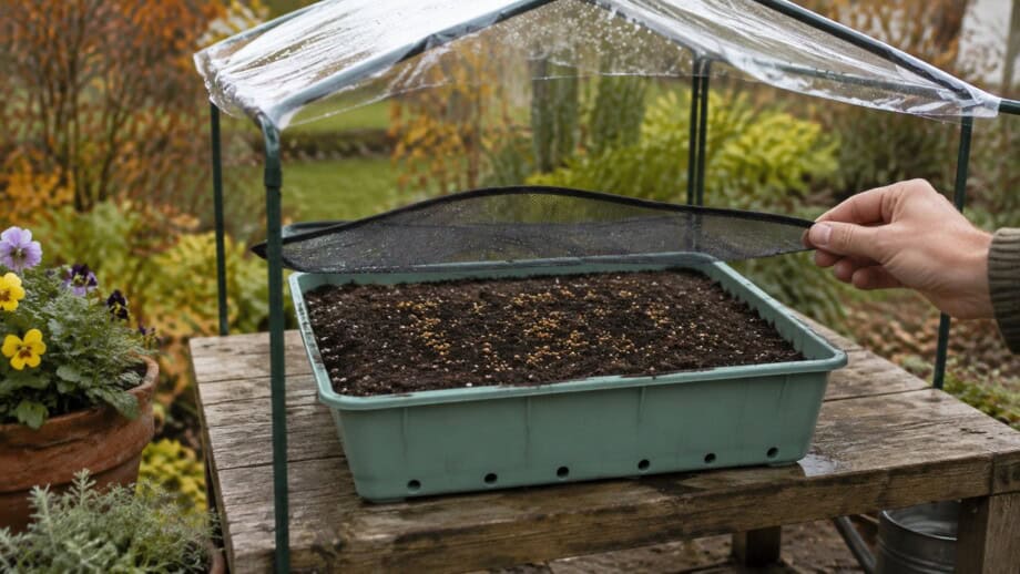 Outdoor seed container with drainage holes and fine mesh cover under an open sided rain shelter.