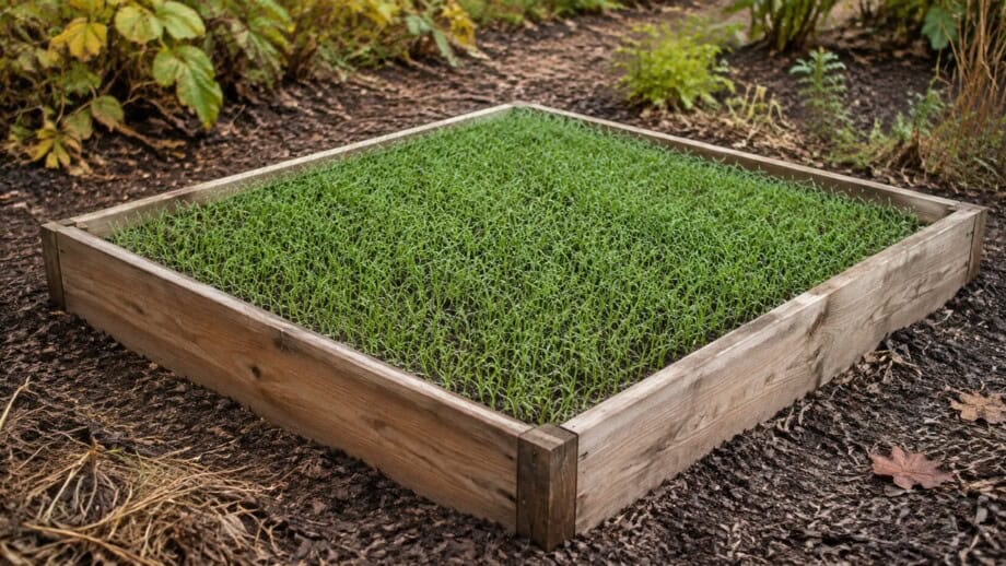 Even young cereal cover crop growing across a small raised bed in fall.