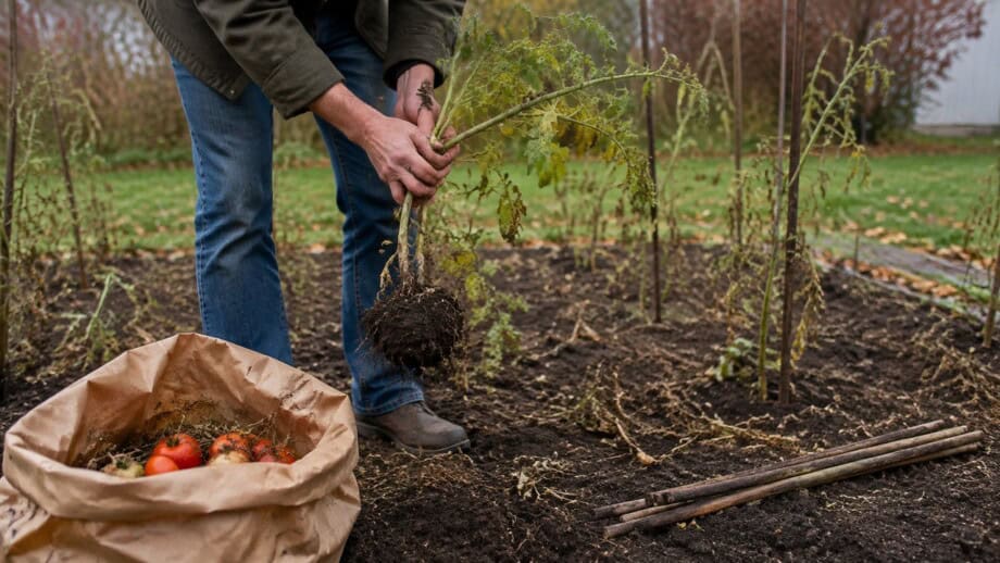 Gardener removing a spent tomato plant with roots from a fall vegetable bed.