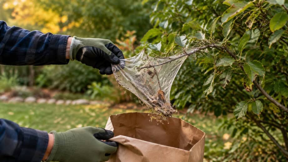 Gloved hands remove a reachable fall webworm web from a low shrub branch into a paper yard waste bag.