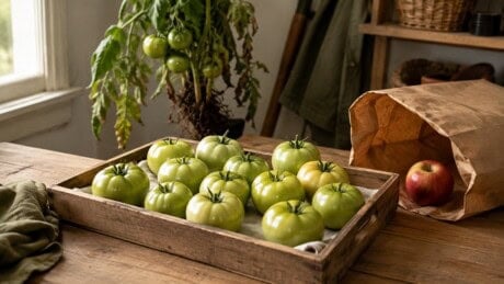 Mature-green tomatoes in a shallow tray beside an open paper bag and a lifted tomato plant.