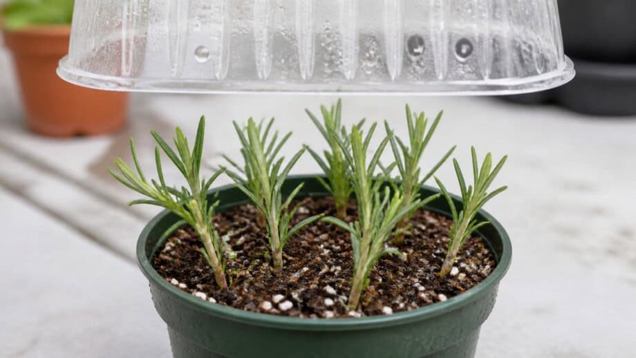 Rosemary stem tip cuttings in a pot of airy rooting medium under a clear vented humidity cover.